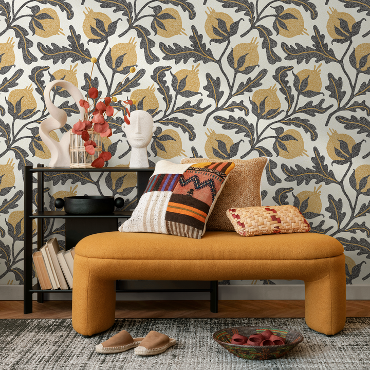 Vintage Wallpaper with a Stippled Pomegranate Motif in Yellow and Charcoal - D019