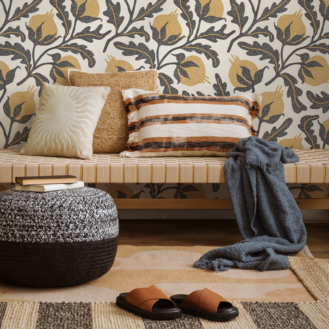 Vintage Wallpaper with a Stippled Pomegranate Motif in Yellow and Charcoal - D019