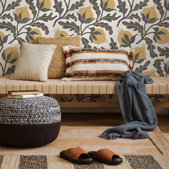 Vintage Wallpaper with a Stippled Pomegranate Motif in Yellow and Charcoal - D019