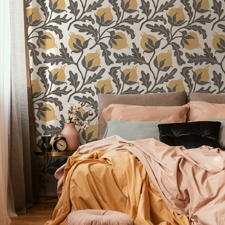 Vintage Wallpaper with a Stippled Pomegranate Motif in Yellow and Charcoal - D019