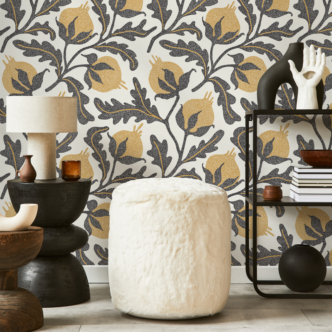 Vintage Wallpaper with a Stippled Pomegranate Motif in Yellow and Charcoal - D019