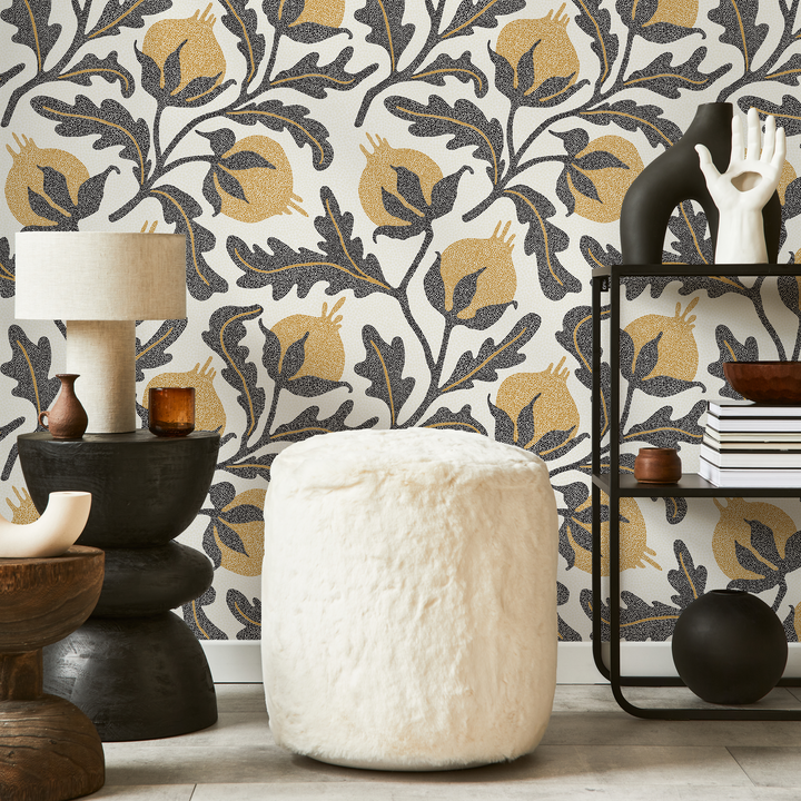 Vintage Wallpaper with a Stippled Pomegranate Motif in Yellow and Charcoal - D019