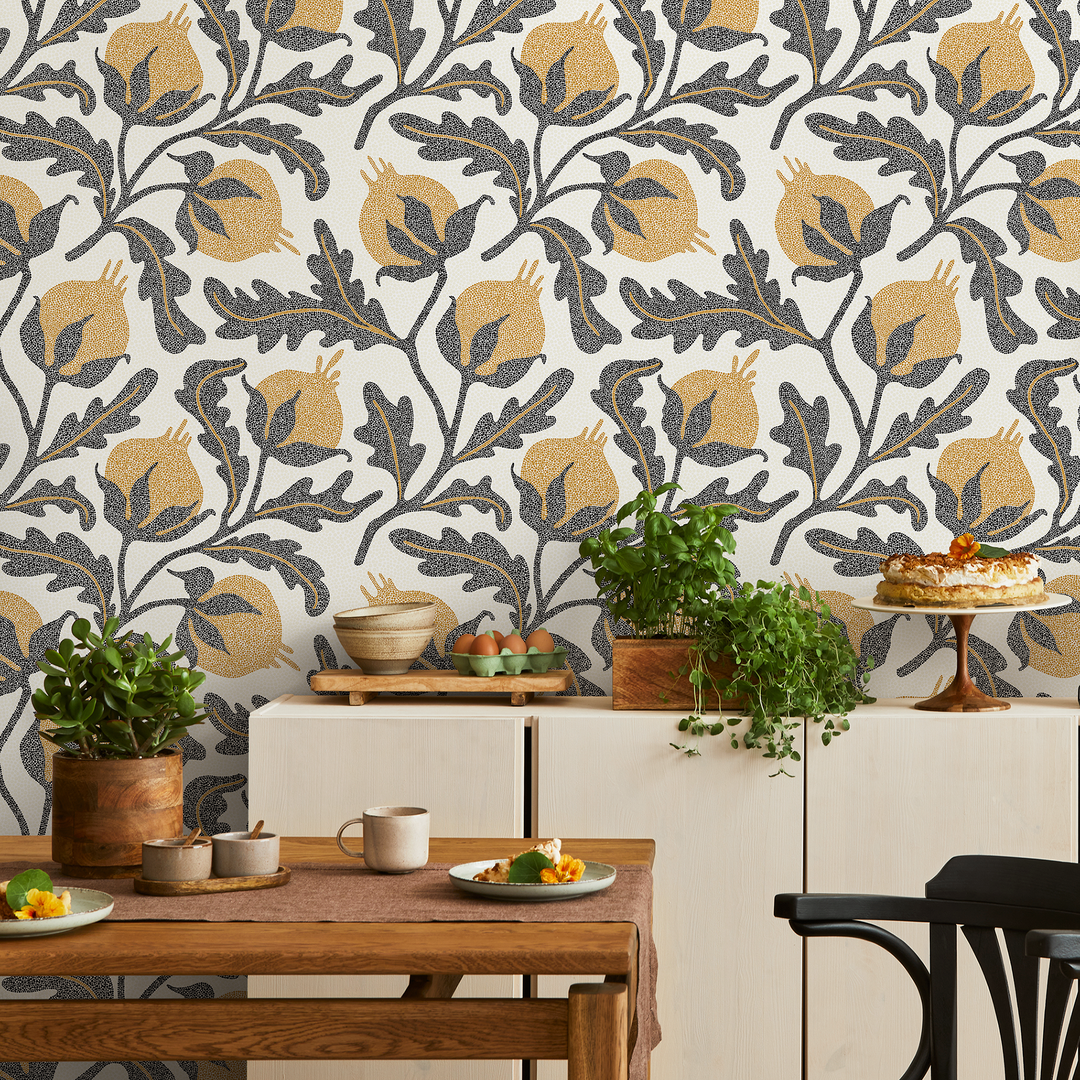 Vintage Wallpaper with a Stippled Pomegranate Motif in Yellow and Charcoal - D019