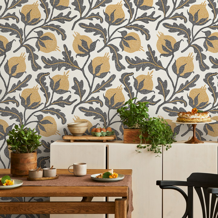 Vintage Wallpaper with a Stippled Pomegranate Motif in Yellow and Charcoal - D019