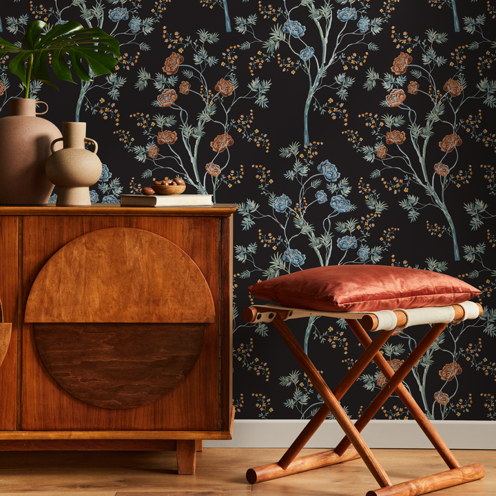 Floral Wallpaper Featuring Elegant Trees in Black, Blue, and Orange - D122