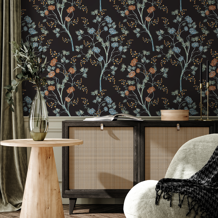 Floral Wallpaper Featuring Elegant Trees in Black, Blue, and Orange - D122
