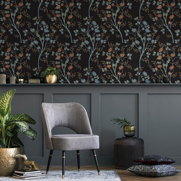 Floral Wallpaper Featuring Elegant Trees in Black, Blue, and Orange - D122