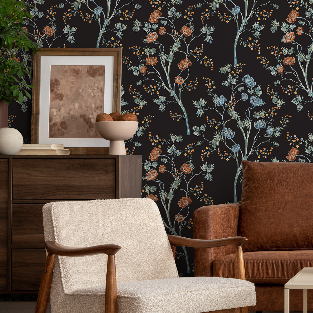 Floral Wallpaper Featuring Elegant Trees in Black, Blue, and Orange - D122