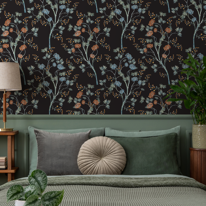 Floral Wallpaper Featuring Elegant Trees in Black, Blue, and Orange - D122