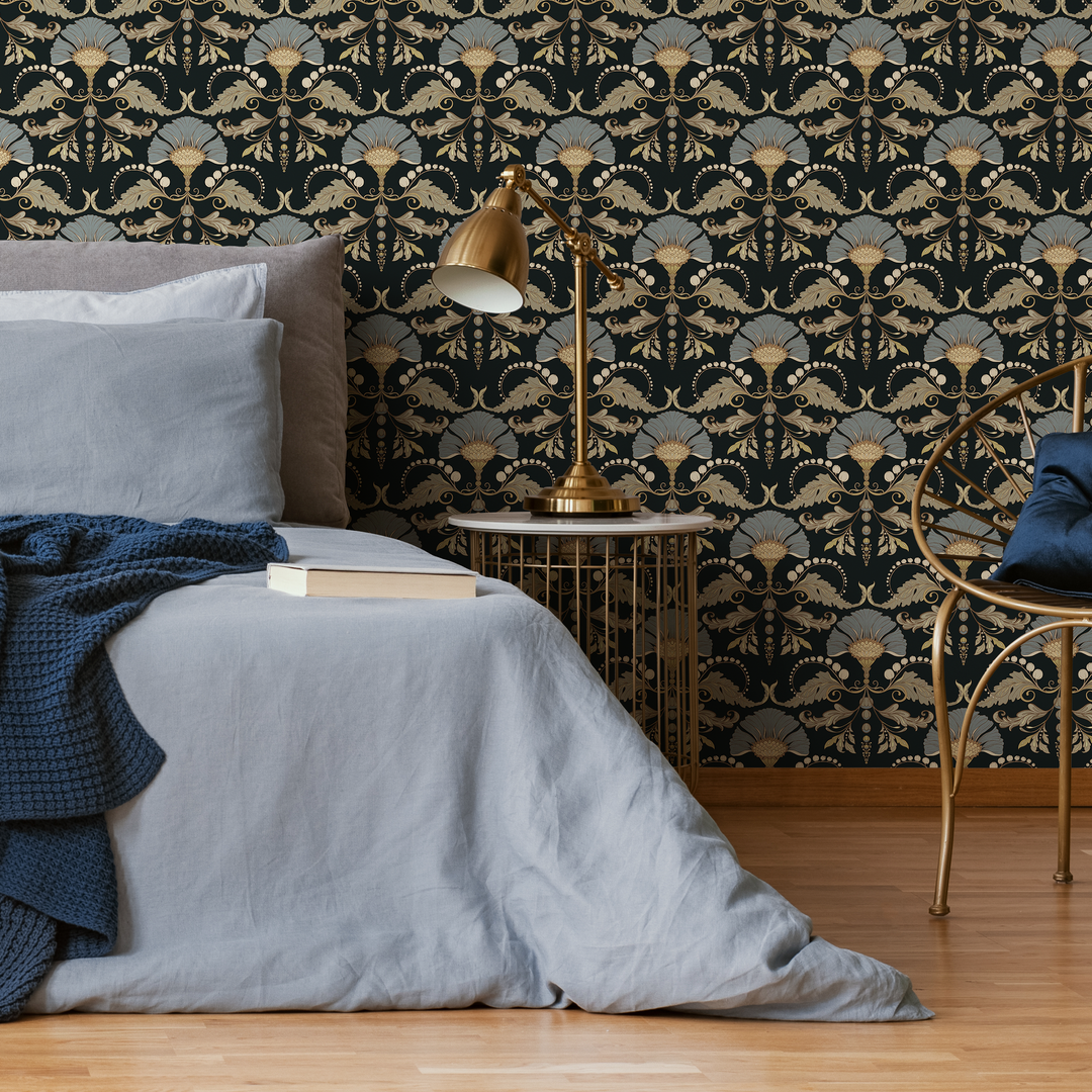 Vintage Wallpaper with a Floral Damask Motif in Black, Blue, and Gold - D240