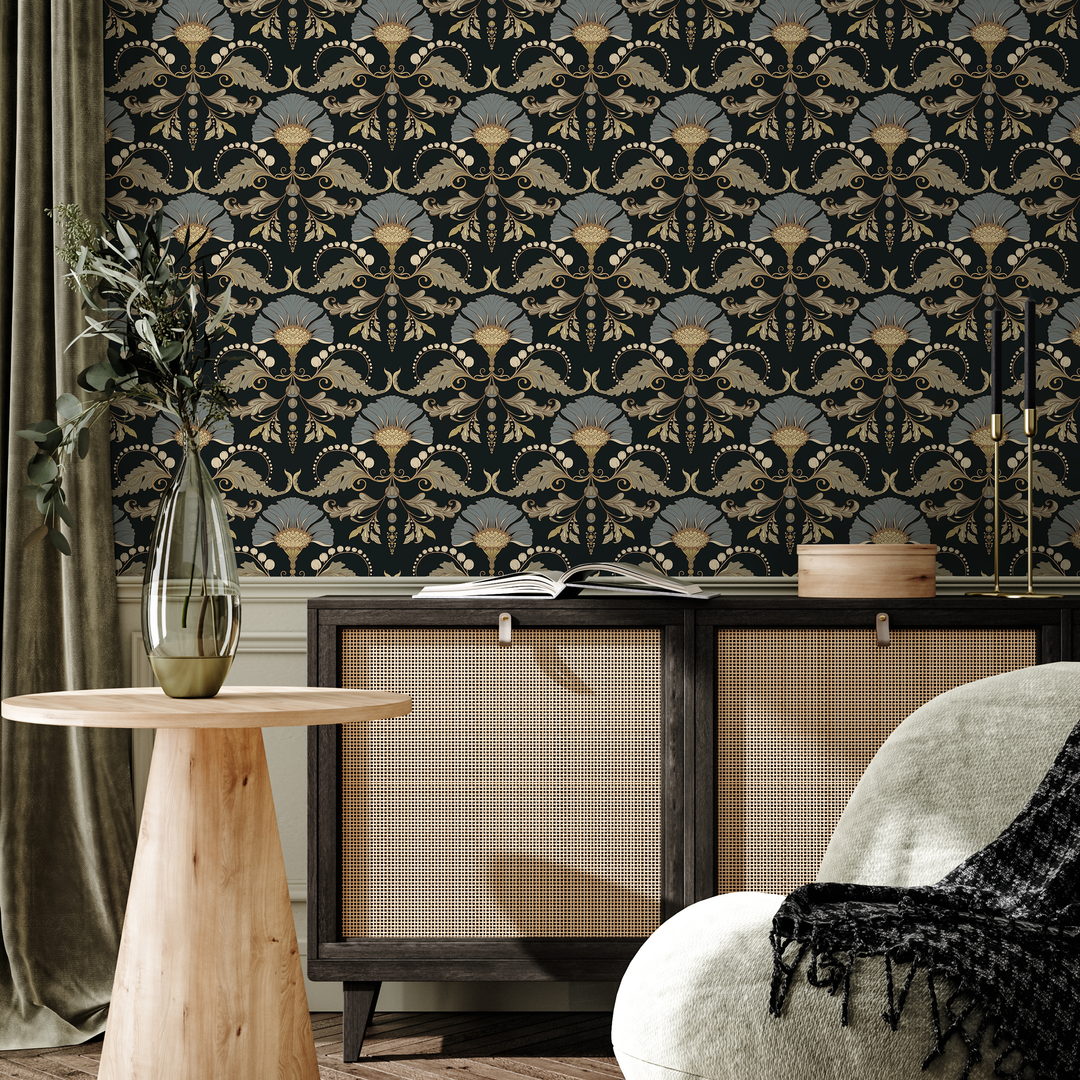 Vintage Wallpaper with a Floral Damask Motif in Black, Blue, and Gold - D240