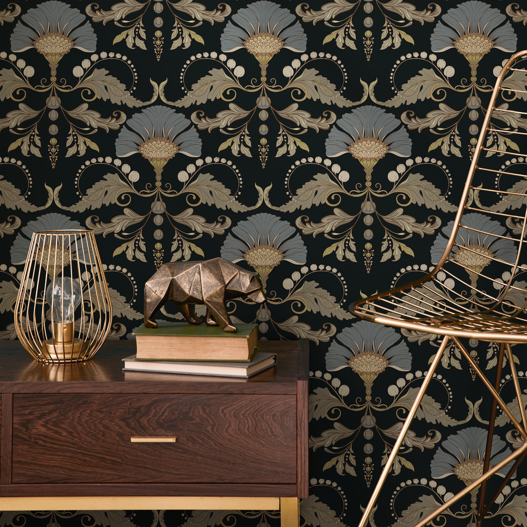 Vintage Wallpaper with a Floral Damask Motif in Black, Blue, and Gold - D240