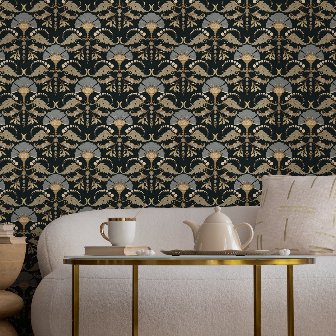 Vintage Wallpaper with a Floral Damask Motif in Black, Blue, and Gold - D240