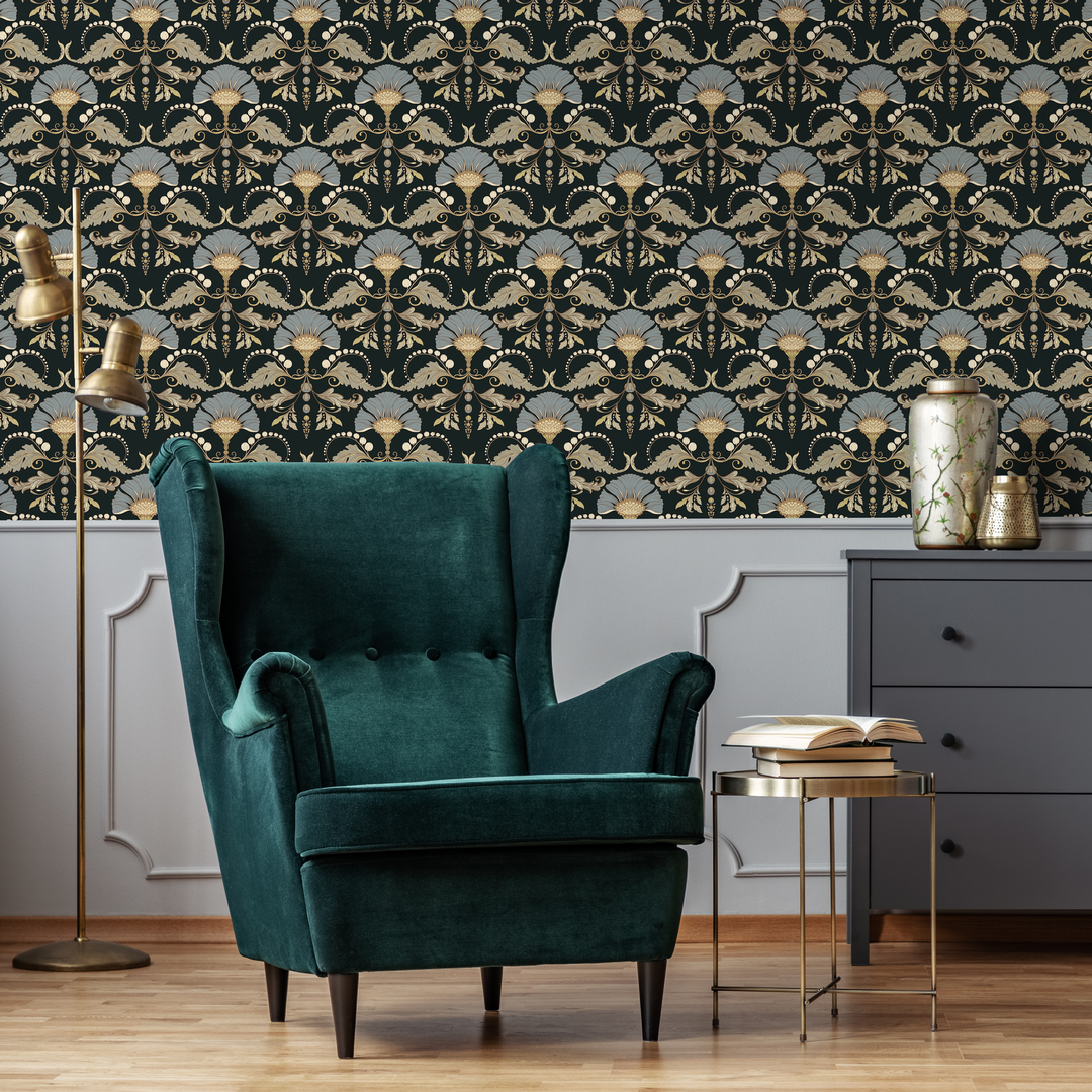 Vintage Wallpaper with a Floral Damask Motif in Black, Blue, and Gold - D240