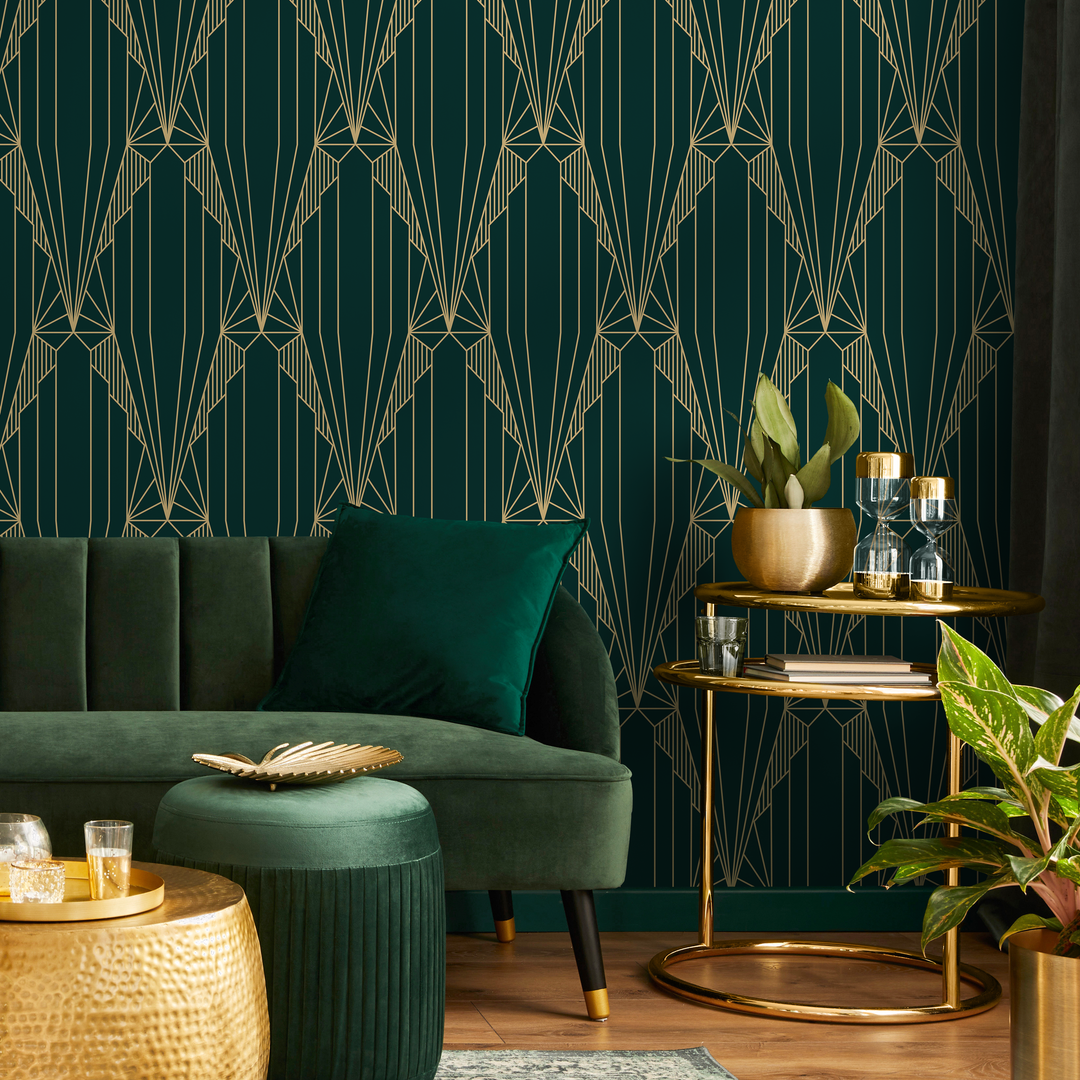 Art Deco Wallpaper with a Geometric Fan Motif in Green and Gold - D243