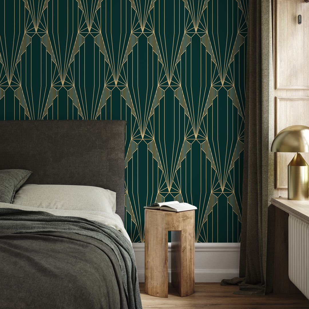 Art Deco Wallpaper with a Geometric Fan Motif in Green and Gold - D243