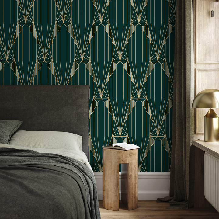 Art Deco Wallpaper with a Geometric Fan Motif in Green and Gold - D243