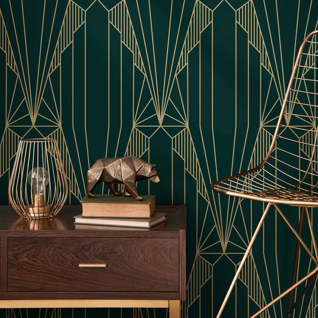 Art Deco Wallpaper with a Geometric Fan Motif in Green and Gold - D243
