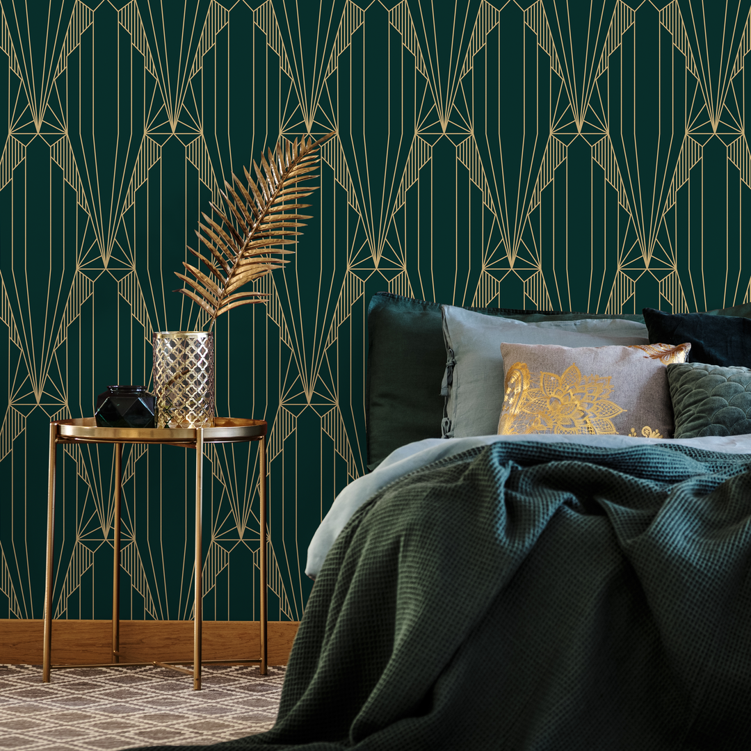 Art Deco Wallpaper with a Geometric Fan Motif in Green and Gold - D243