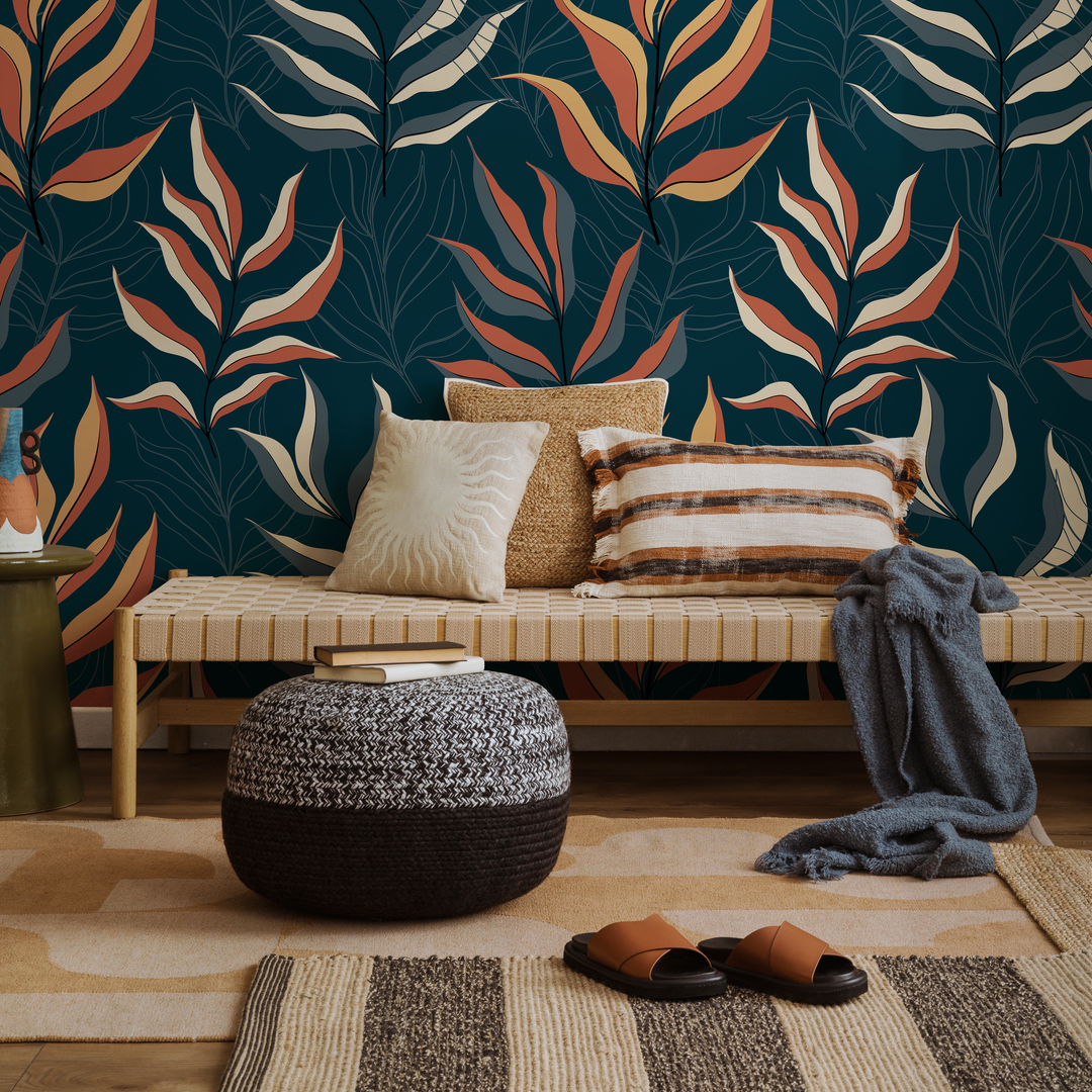 Botanical Wallpaper with Stylized Leaves in Blue, Rust, and Yellow - D254
