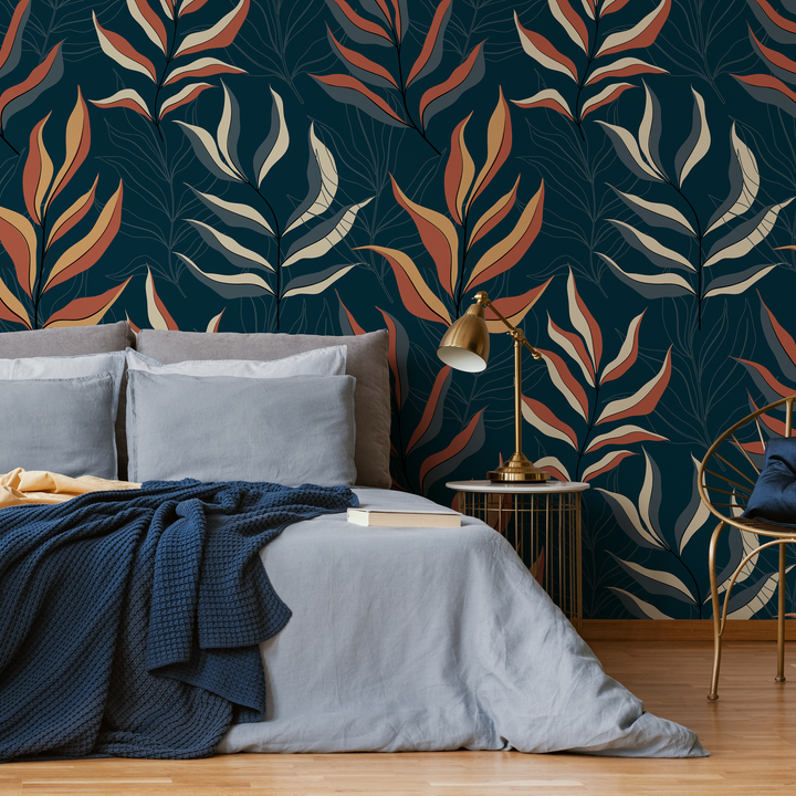 Botanical Wallpaper with Stylized Leaves in Blue, Rust, and Yellow - D254