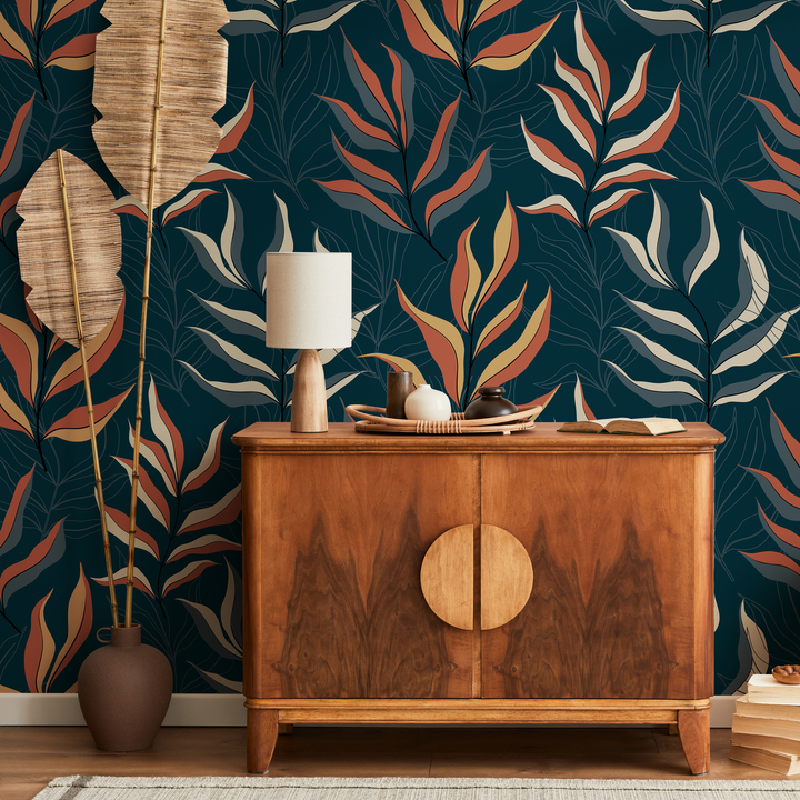 Botanical Wallpaper with Stylized Leaves in Blue, Rust, and Yellow - D254
