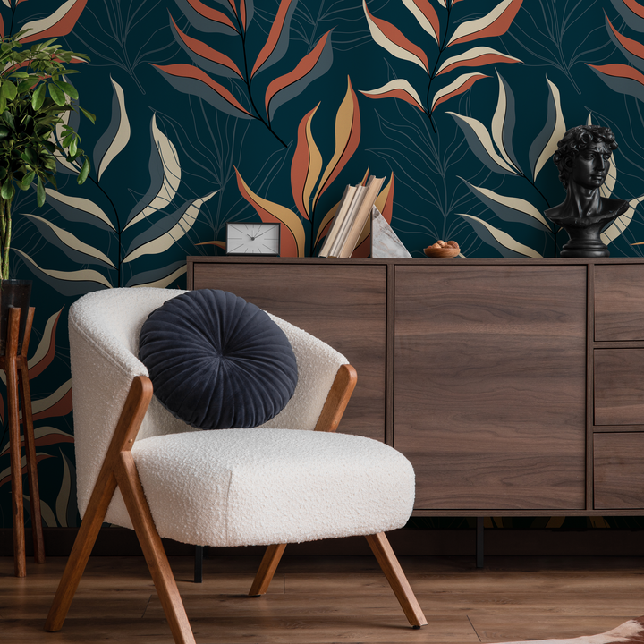 Botanical Wallpaper with Stylized Leaves in Blue, Rust, and Yellow - D254