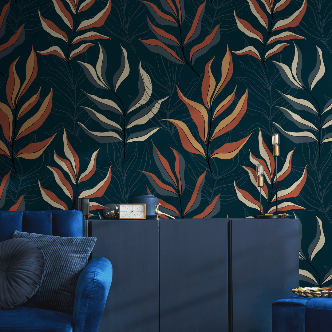 Botanical Wallpaper with Stylized Leaves in Blue, Rust, and Yellow - D254