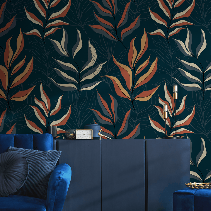 Botanical Wallpaper with Stylized Leaves in Blue, Rust, and Yellow - D254