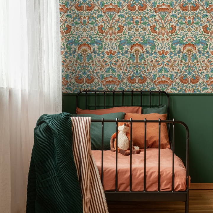Arts and Crafts Wallpaper with Stylized Florals in Red, Green, and Blue - D521