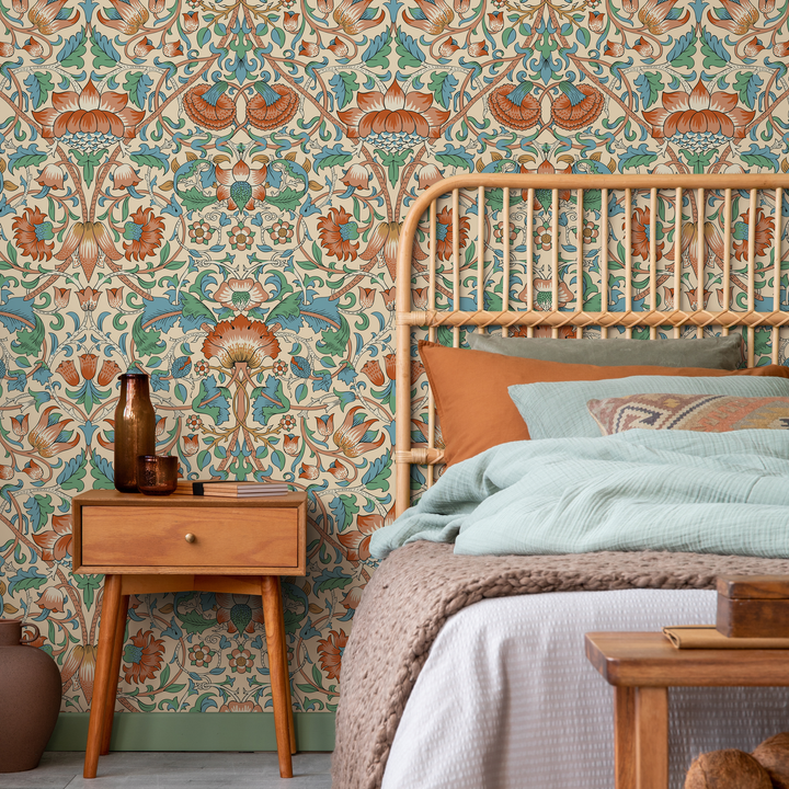 Arts and Crafts Wallpaper with Stylized Florals in Red, Green, and Blue - D521