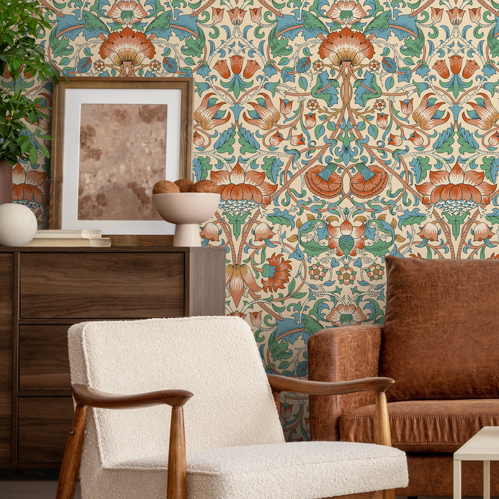 Arts and Crafts Wallpaper with Stylized Florals in Red, Green, and Blue - D521