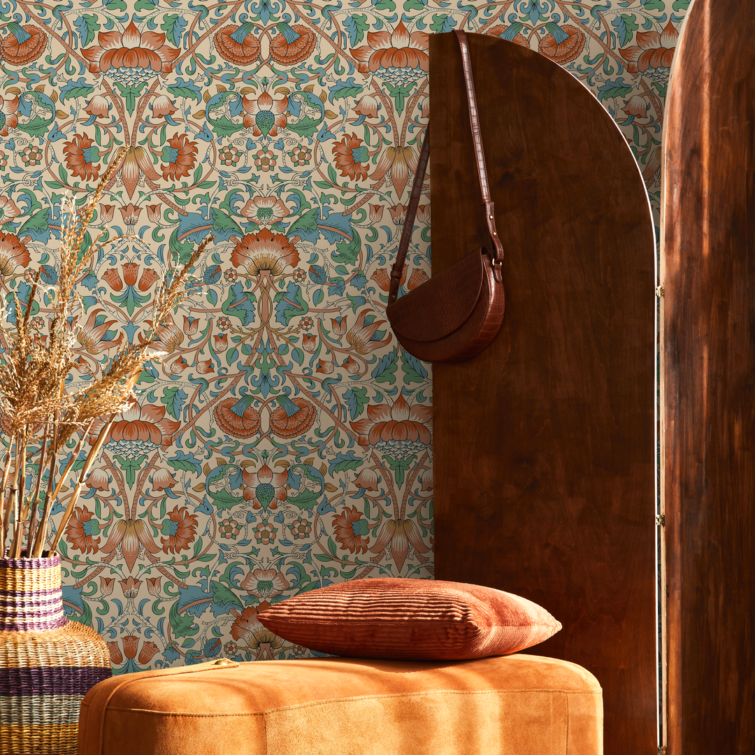 Arts and Crafts Wallpaper with Stylized Florals in Red, Green, and Blue - D521