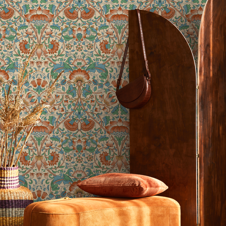 Arts and Crafts Wallpaper with Stylized Florals in Red, Green, and Blue - D521