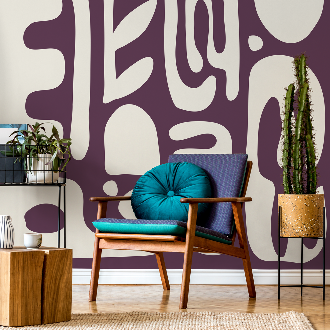 Abstract Wallpaper with Bold Organic Shapes in Purple and Beige - D594