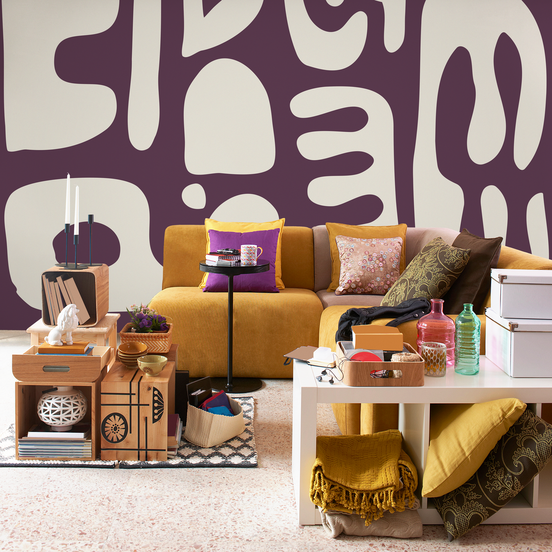Abstract Wallpaper with Bold Organic Shapes in Purple and Beige - D594