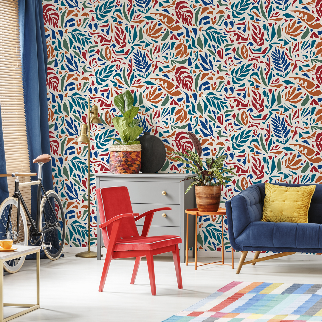 Abstract Wallpaper with Stylized Leaf Cutouts in Red, Blue, and Orange - D721