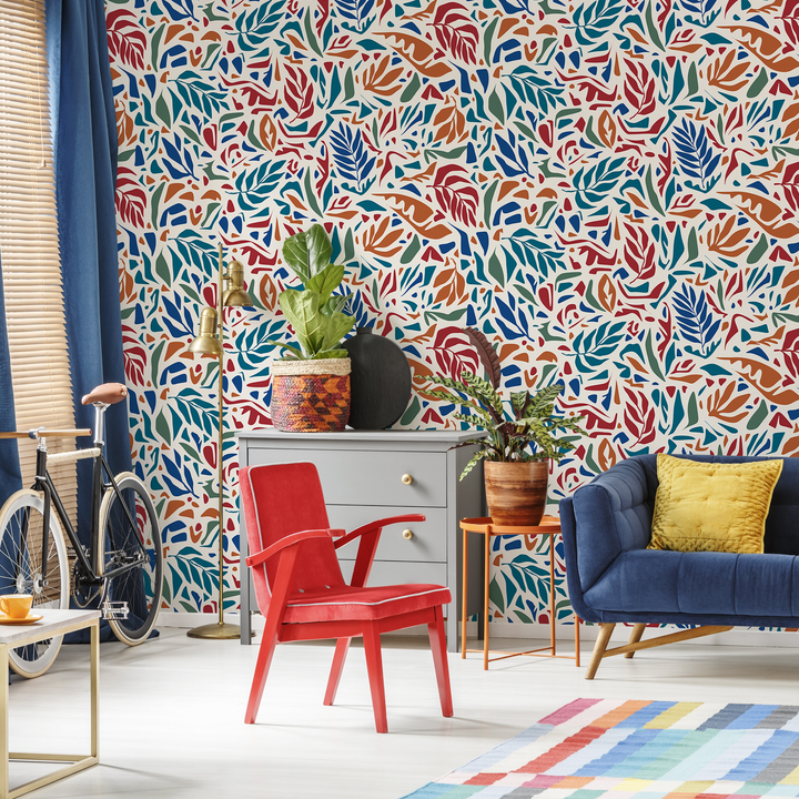 Abstract Wallpaper with Stylized Leaf Cutouts in Red, Blue, and Orange - D721