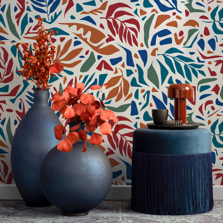 Abstract Wallpaper with Stylized Leaf Cutouts in Red, Blue, and Orange - D721