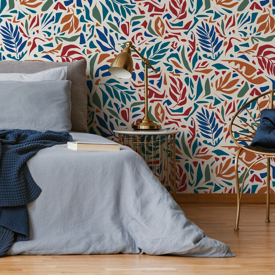Abstract Wallpaper with Stylized Leaf Cutouts in Red, Blue, and Orange - D721