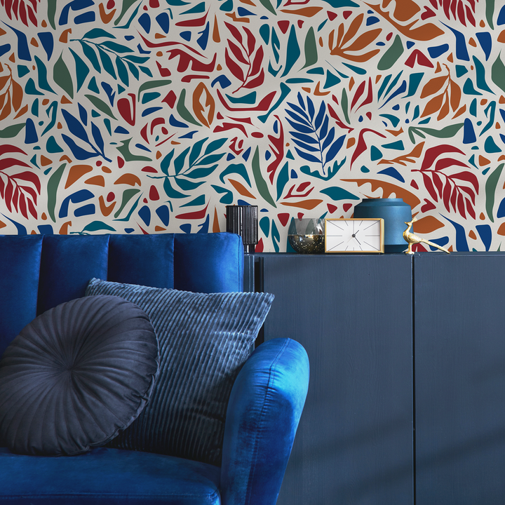 Abstract Wallpaper with Stylized Leaf Cutouts in Red, Blue, and Orange - D721