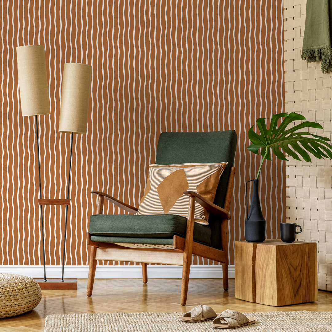 Abstract Wallpaper with Wavy Vertical Lines in Terracotta and White - D749