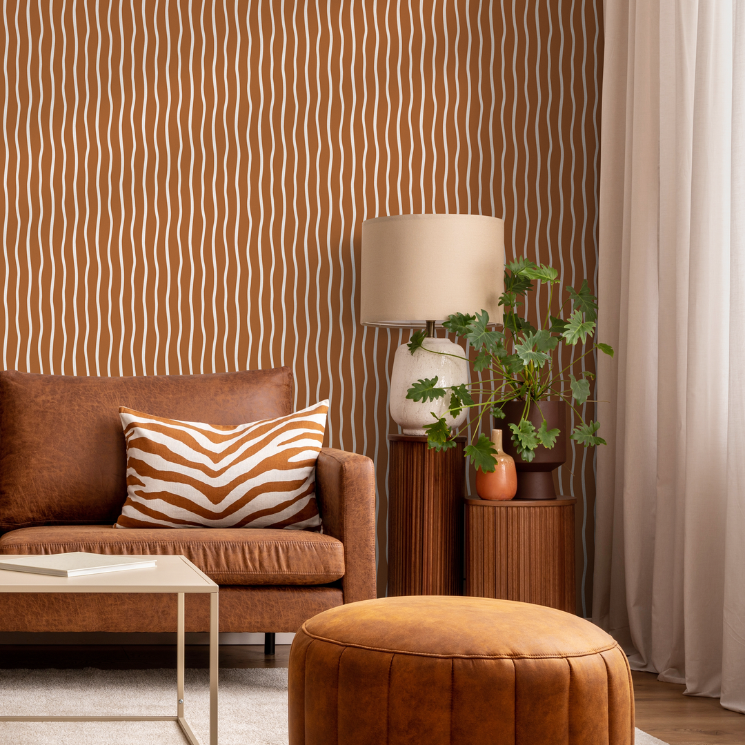 Abstract Wallpaper with Wavy Vertical Lines in Terracotta and White - D749