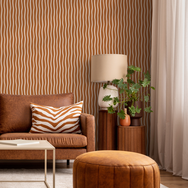 Abstract Wallpaper with Wavy Vertical Lines in Terracotta and White - D749