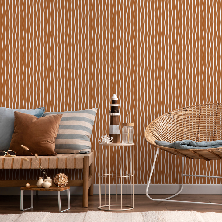Abstract Wallpaper with Wavy Vertical Lines in Terracotta and White - D749