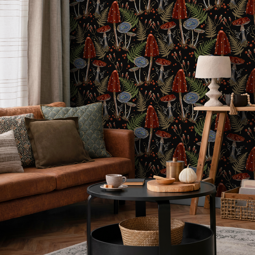 Mushroom Wallpaper Featuring Red and Blue Toadstools in Black and Green - D813