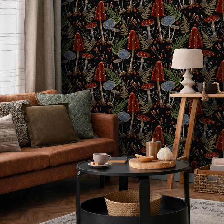 Mushroom Wallpaper Featuring Red and Blue Toadstools in Black and Green - D813