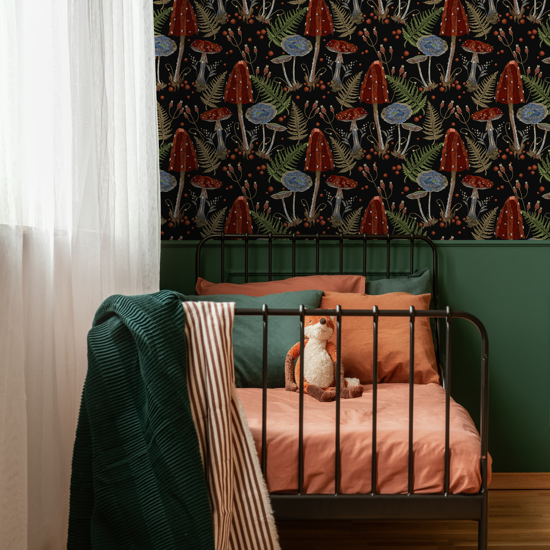 Mushroom Wallpaper Featuring Red and Blue Toadstools in Black and Green - D813