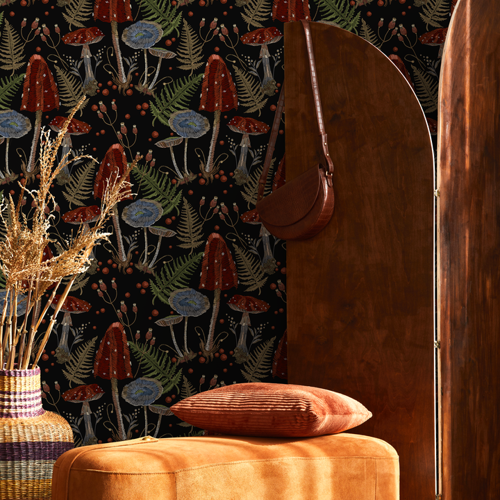 Mushroom Wallpaper Featuring Red and Blue Toadstools in Black and Green - D813