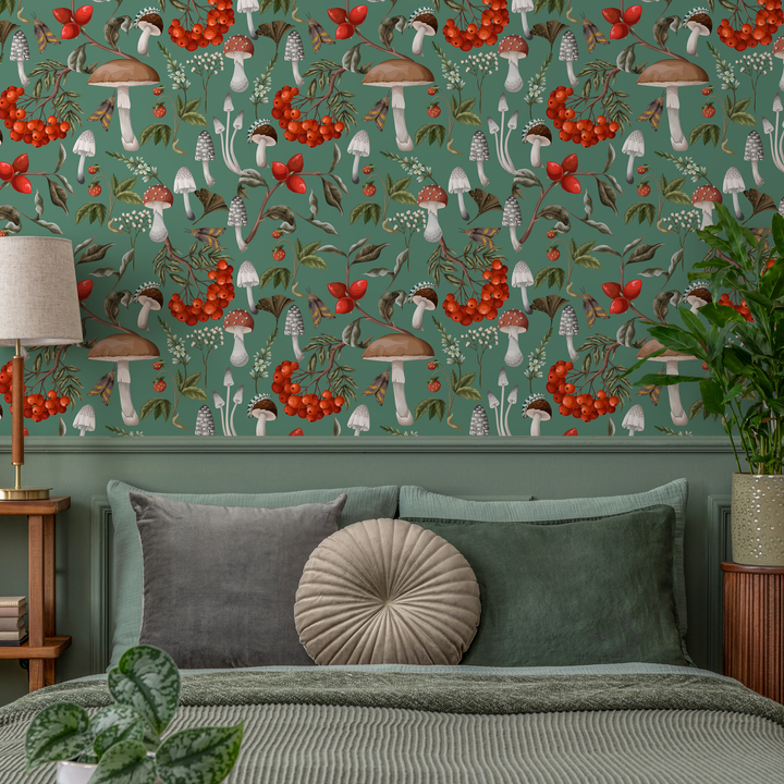 Botanical Wallpaper with Mushrooms and Berries in Green, Red, and Brown - D818